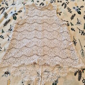 Cream Floral Lace Sleeveless High Neck Top Scalloped High Low Hem Lined Boho